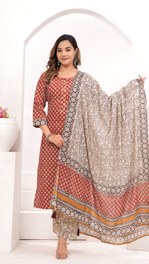 Women’s Red & Beige Traditional Printed Cotton Suit Set with Designer Dupatta
