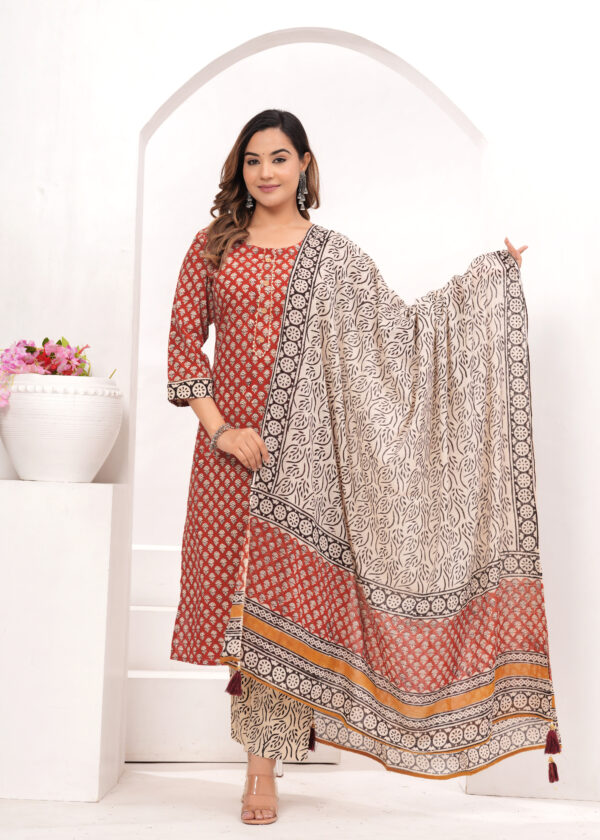 Women’s Red & Beige Traditional Printed Cotton Suit Set with Designer Dupatta