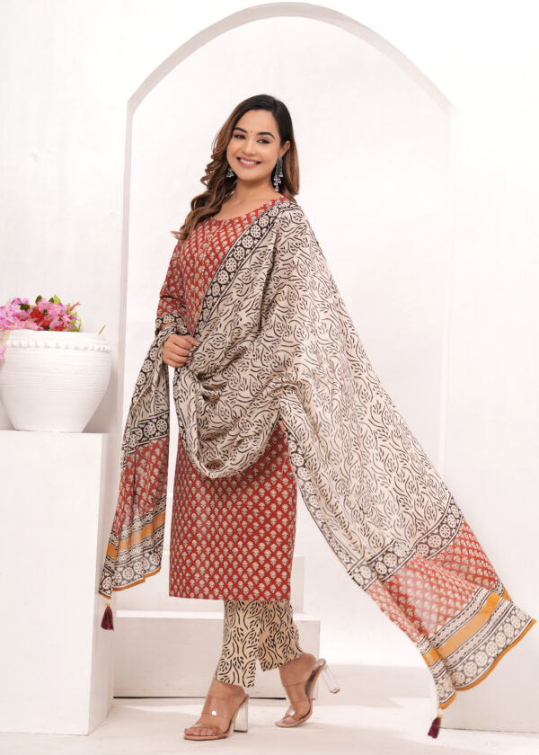 Women’s Red & Beige Traditional Printed Cotton Suit Set with Designer Dupatta - Image 5