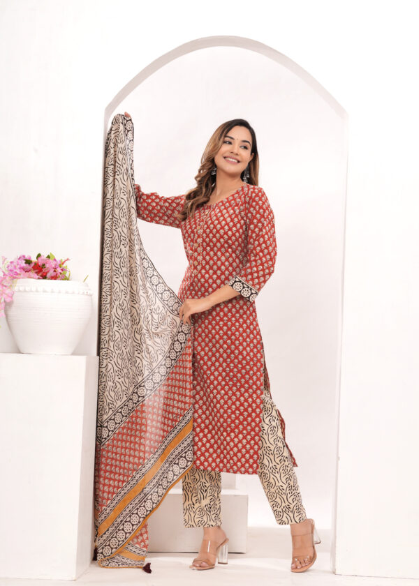 Women’s Red & Beige Traditional Printed Cotton Suit Set with Designer Dupatta - Image 4