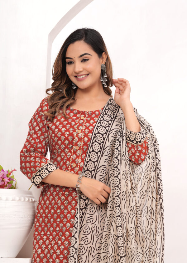 Women’s Red & Beige Traditional Printed Cotton Suit Set with Designer Dupatta - Image 3