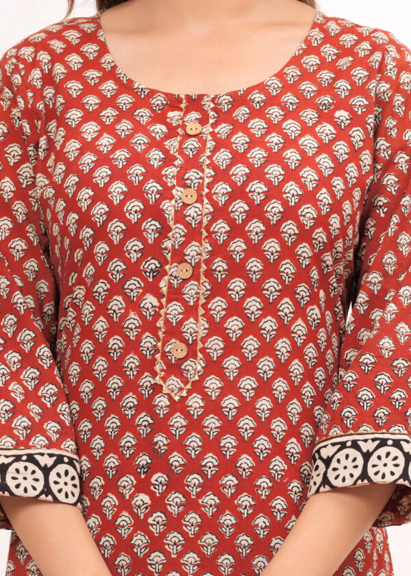 Women’s Red & Beige Traditional Printed Cotton Suit Set with Designer Dupatta - Image 2