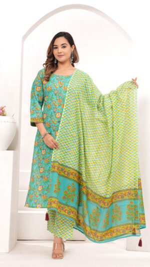Vasuprada Aqua Green & Yellow Printed Cotton Suit Set for Women with Vibrant Dupatta