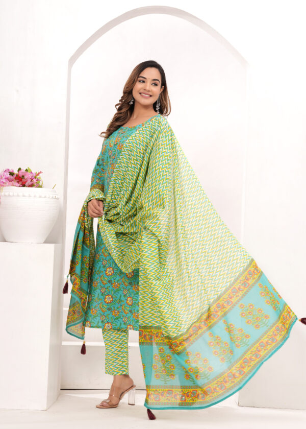 Vasuprada Aqua Green & Yellow Printed Cotton Suit Set for Women with Vibrant Dupatta - Image 5