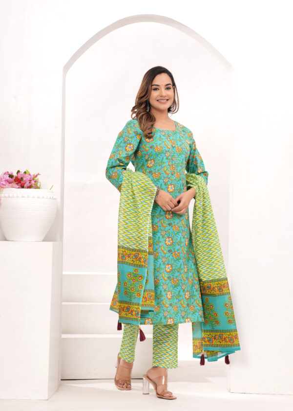 Vasuprada Aqua Green & Yellow Printed Cotton Suit Set for Women with Vibrant Dupatta - Image 4