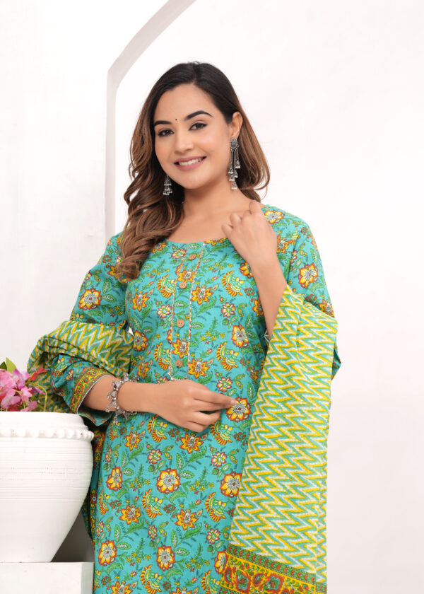 Vasuprada Aqua Green & Yellow Printed Cotton Suit Set for Women with Vibrant Dupatta - Image 3