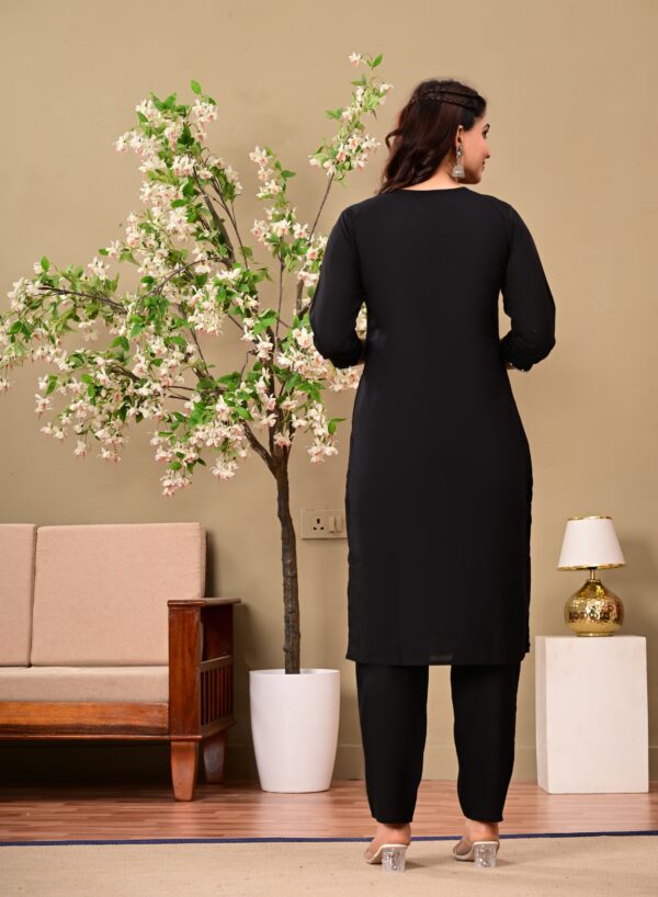 Black Ethnic Motifs Embroidered Cotton Kurta with Trousers & Dupatta - Image 5