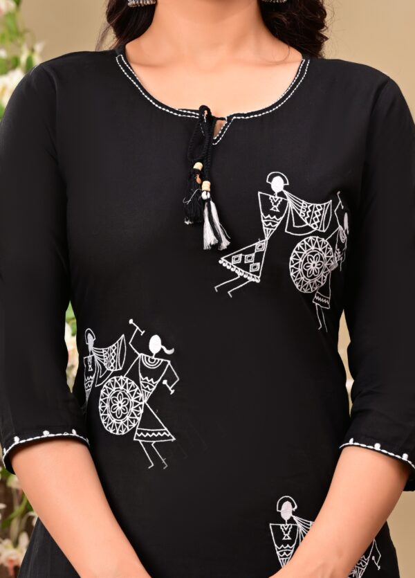 Black Ethnic Motifs Embroidered Cotton Kurta with Trousers & Dupatta - Image 3