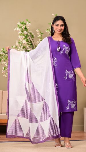 Purple Ethnic Motifs Embroidered Cotton Kurta with Trousers & Dupatta