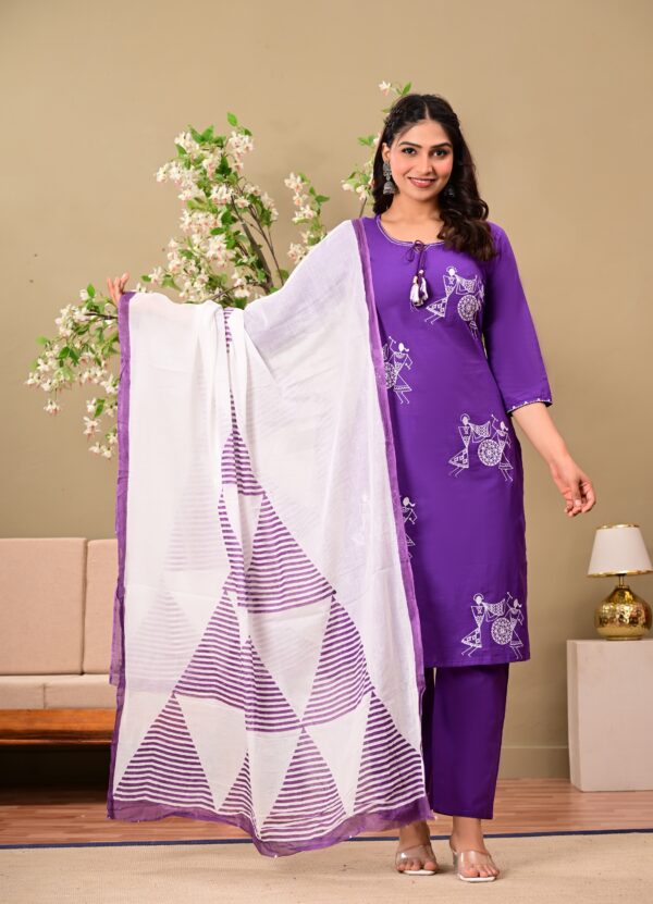 Purple Ethnic Motifs Embroidered Cotton Kurta with Trousers & Dupatta