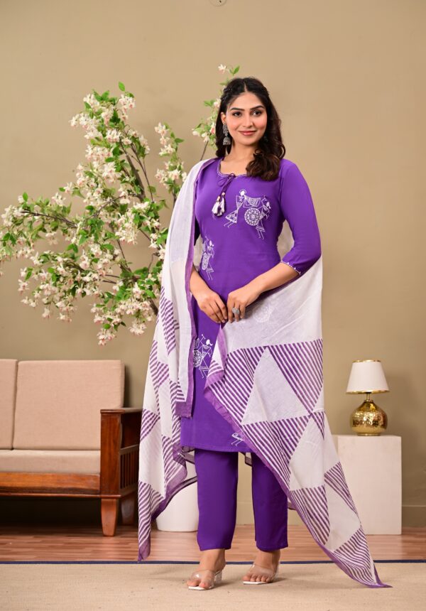Purple Ethnic Motifs Embroidered Cotton Kurta with Trousers & Dupatta - Image 7