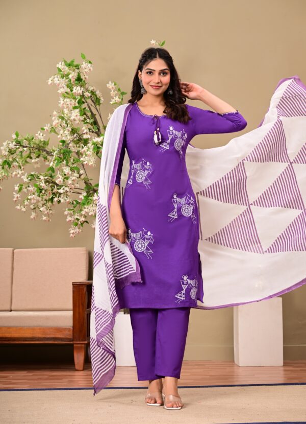 Purple Ethnic Motifs Embroidered Cotton Kurta with Trousers & Dupatta - Image 6