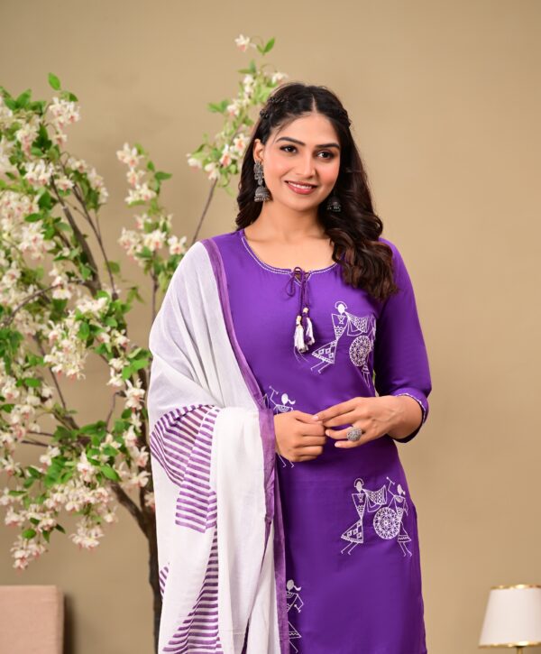 Purple Ethnic Motifs Embroidered Cotton Kurta with Trousers & Dupatta - Image 5