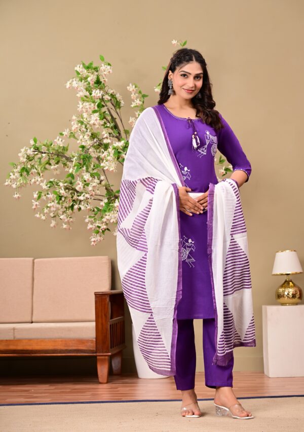 Purple Ethnic Motifs Embroidered Cotton Kurta with Trousers & Dupatta - Image 2