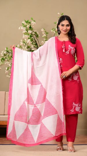 Pink Ethnic Motifs Embroidered Cotton Kurta with Trousers & Dupatta