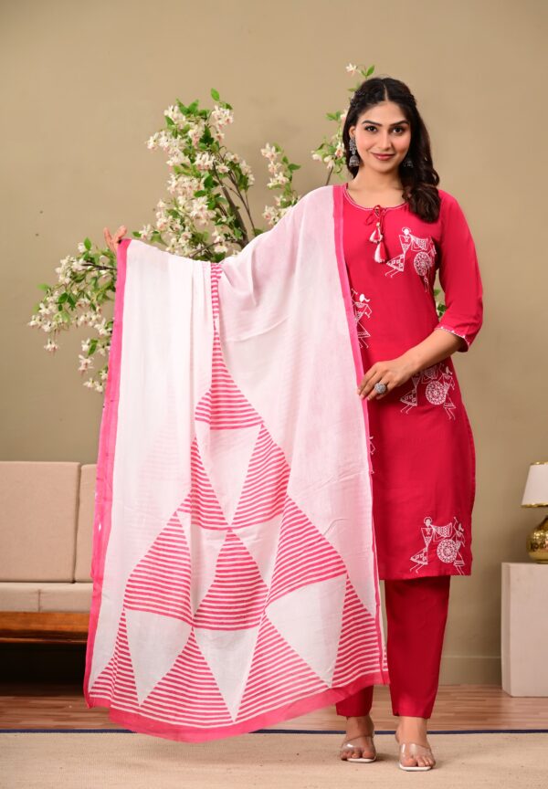 Pink Ethnic Motifs Embroidered Cotton Kurta with Trousers & Dupatta