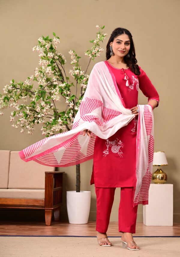 Pink Ethnic Motifs Embroidered Cotton Kurta with Trousers & Dupatta - Image 5