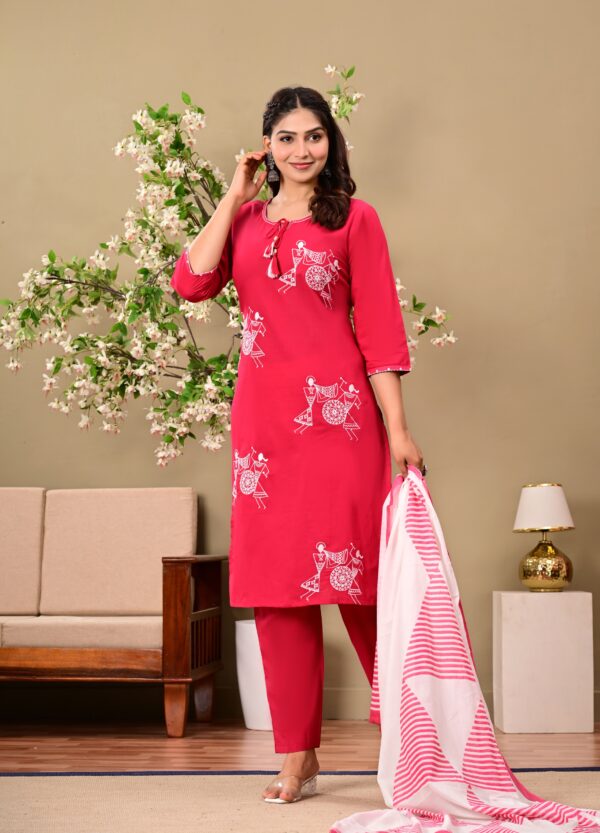 Pink Ethnic Motifs Embroidered Cotton Kurta with Trousers & Dupatta - Image 4