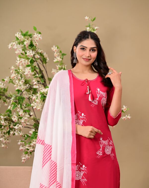 Pink Ethnic Motifs Embroidered Cotton Kurta with Trousers & Dupatta - Image 3