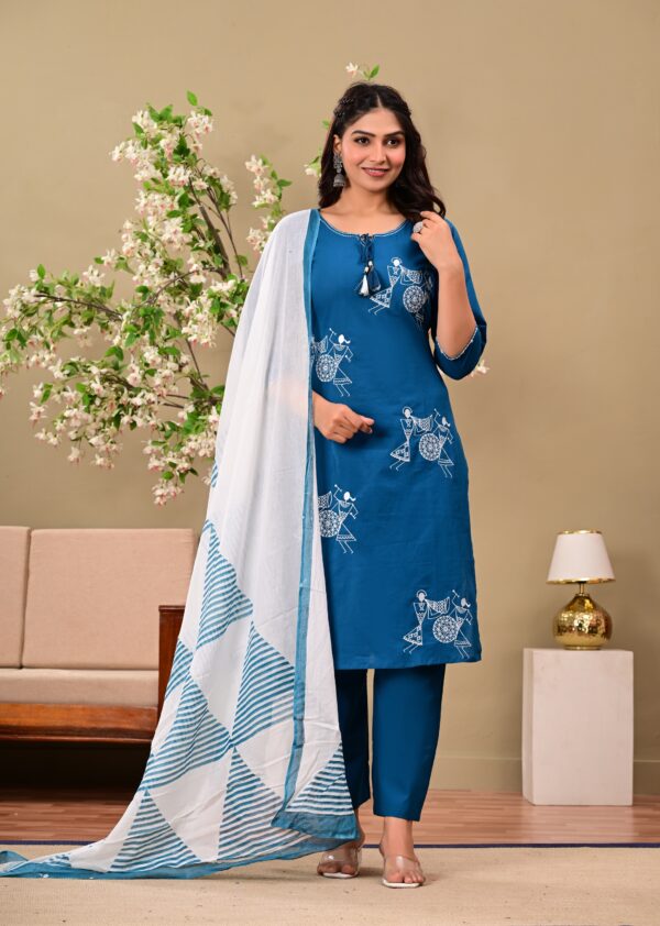 Teal Ethnic Motifs Embroidered Cotton Kurta with Trousers & Dupatta - Image 6