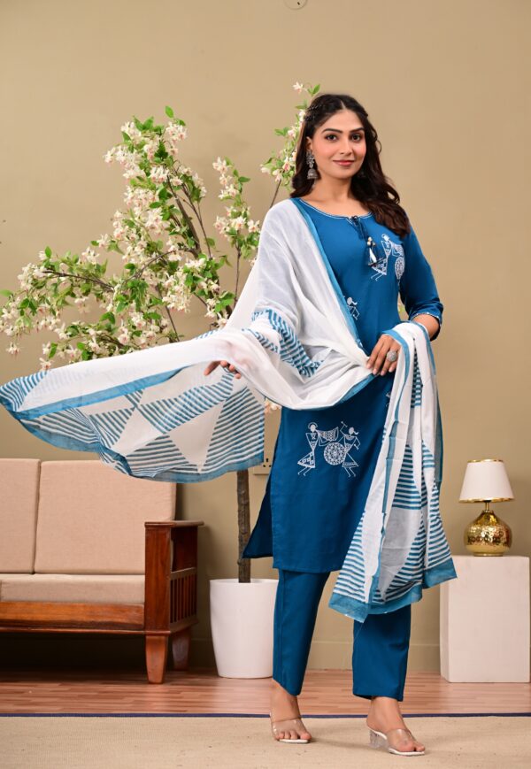 Teal Ethnic Motifs Embroidered Cotton Kurta with Trousers & Dupatta - Image 5