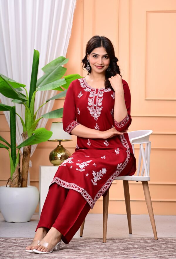 Women Maroon White Embroidered Pure Cotton Kurta Set - Image 6