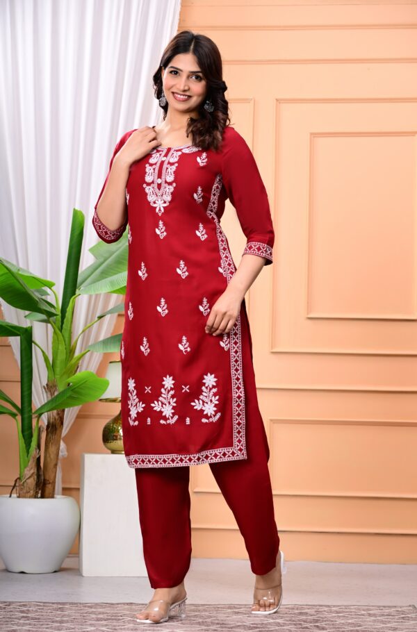 Women Maroon White Embroidered Pure Cotton Kurta Set