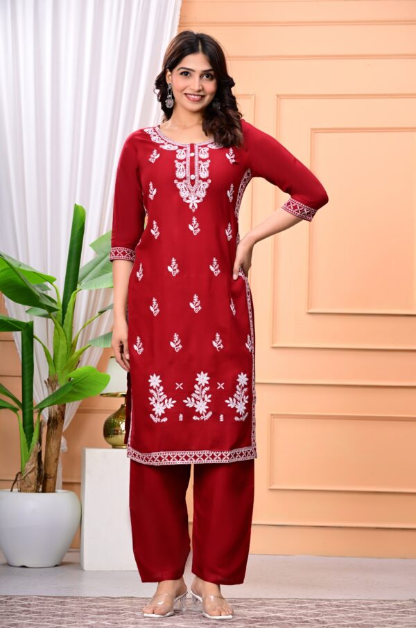 Women Maroon White Embroidered Pure Cotton Kurta Set - Image 7