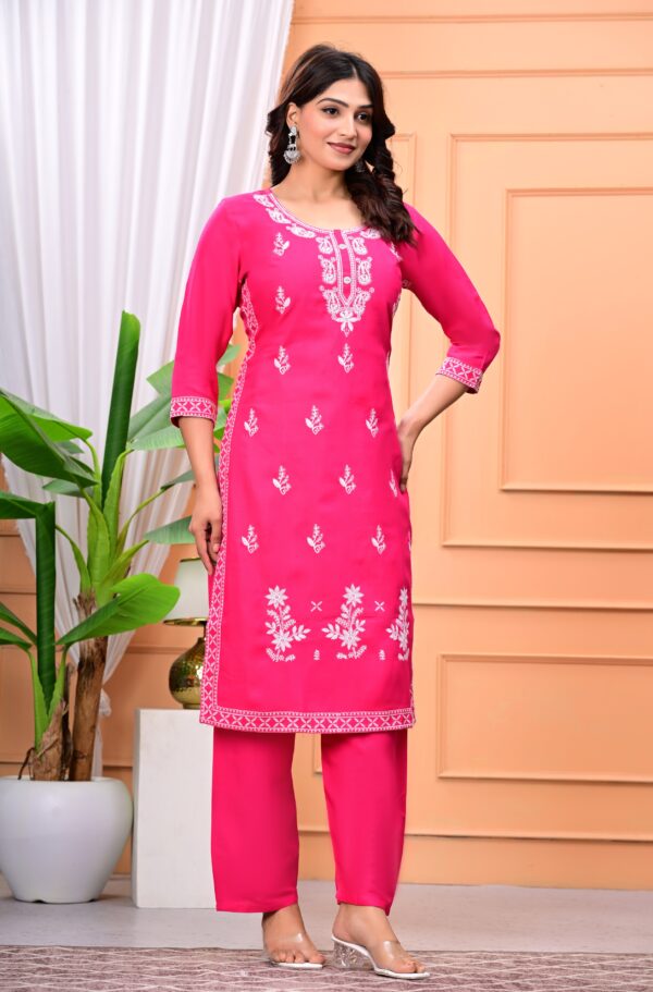 Women Pink White Embroidered Pure Cotton Kurta Set