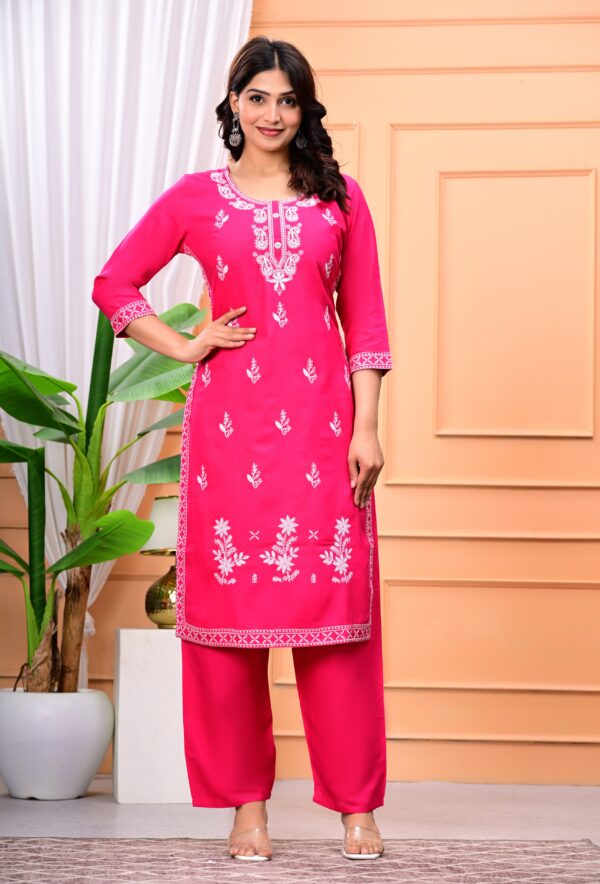 Women Pink White Embroidered Pure Cotton Kurta Set - Image 4