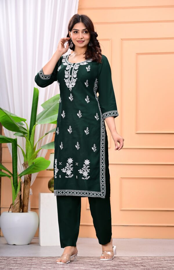 Women Bottle Green White Embroidered Pure Cotton Kurta Set