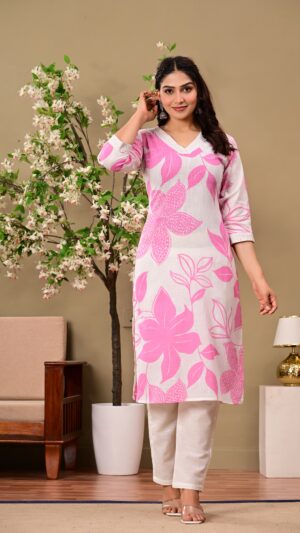 Pink Floral Printed V-Neck Thread Work Pure Cotton Kurta With Trousers