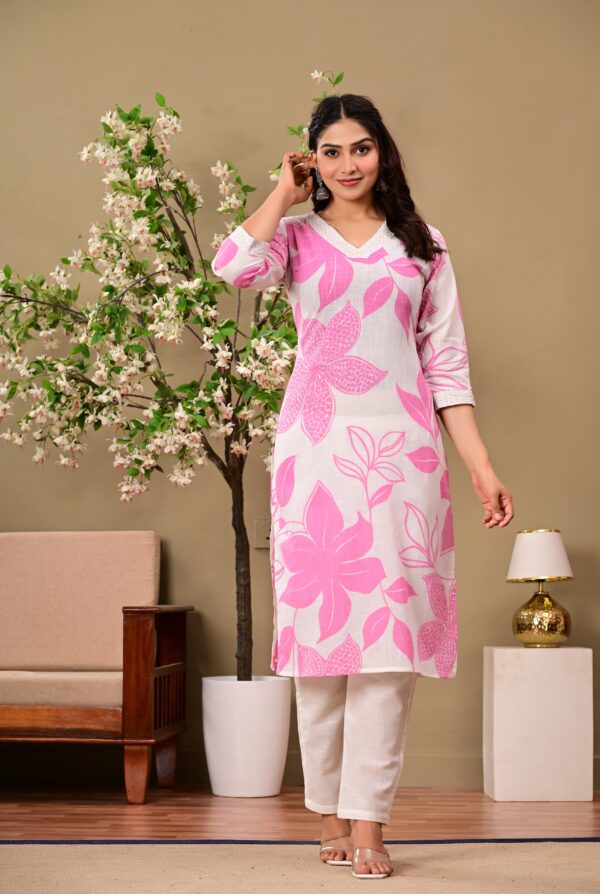 Pink Floral Printed V-Neck Thread Work Pure Cotton Kurta With Trousers