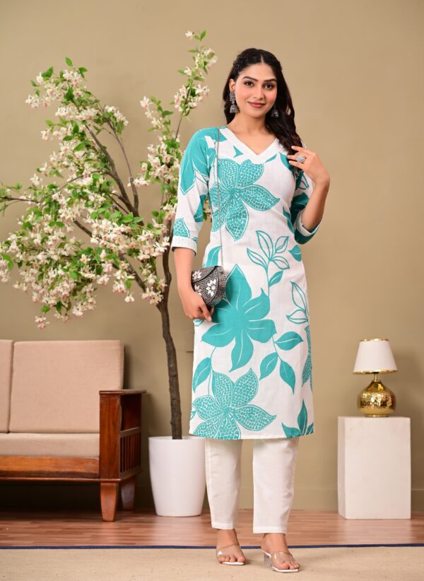 Teal Floral Printed V-Neck Thread Work Pure Cotton Kurta With Trousers - Image 5