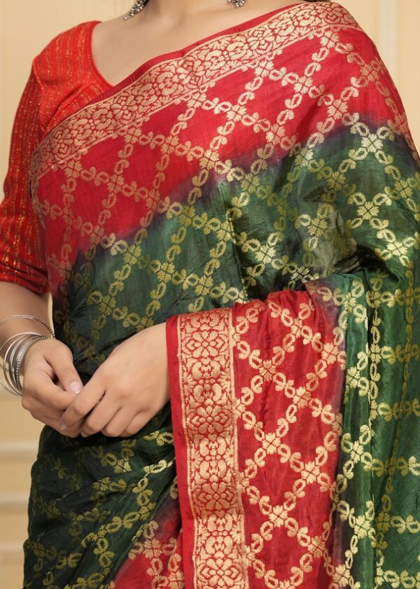 Gharchola Banarasi Silk Saree with Running Blouse Piece – Green & Red - Image 10