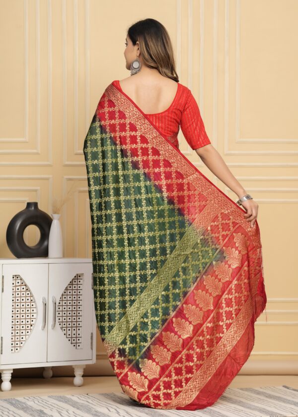Gharchola Banarasi Silk Saree with Running Blouse Piece – Green & Red - Image 9