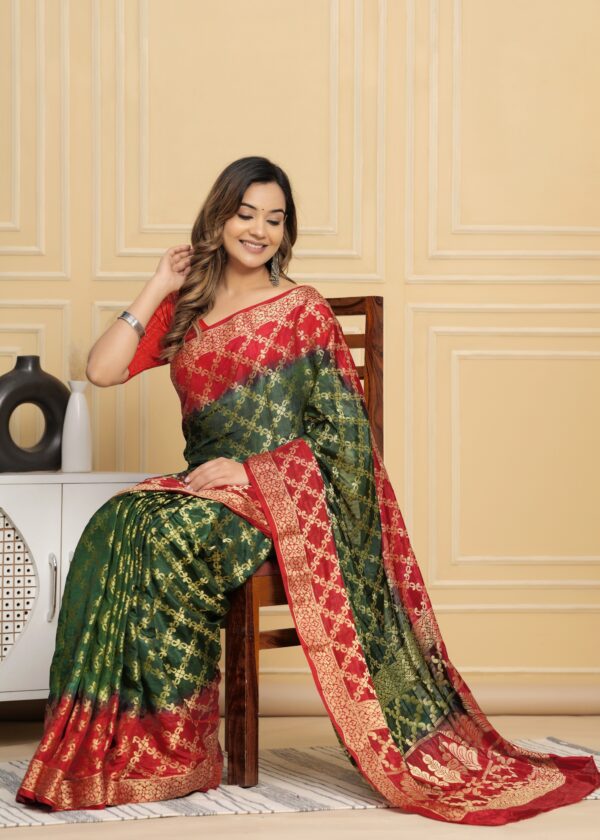 Gharchola Banarasi Silk Saree with Running Blouse Piece – Green & Red - Image 7