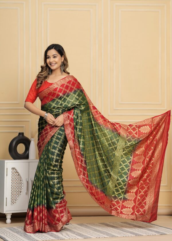 Gharchola Banarasi Silk Saree with Running Blouse Piece – Green & Red - Image 6