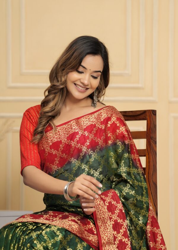 Gharchola Banarasi Silk Saree with Running Blouse Piece – Green & Red - Image 5