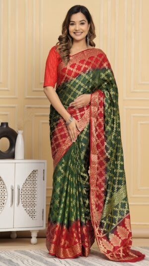 Gharchola Banarasi Silk Saree with Running Blouse Piece – Green & Red