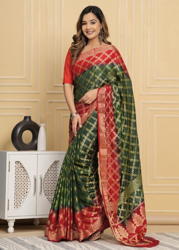 Gharchola Banarasi Silk Saree with Running Blouse Piece – Green & Red - Image 4