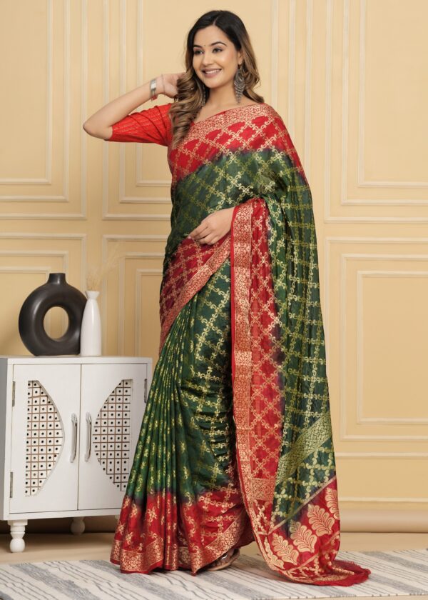 Gharchola Banarasi Silk Saree with Running Blouse Piece – Green & Red - Image 3