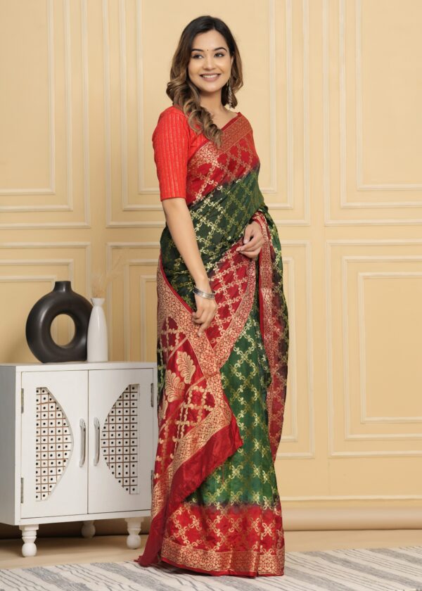 Gharchola Banarasi Silk Saree with Running Blouse Piece – Green & Red - Image 2