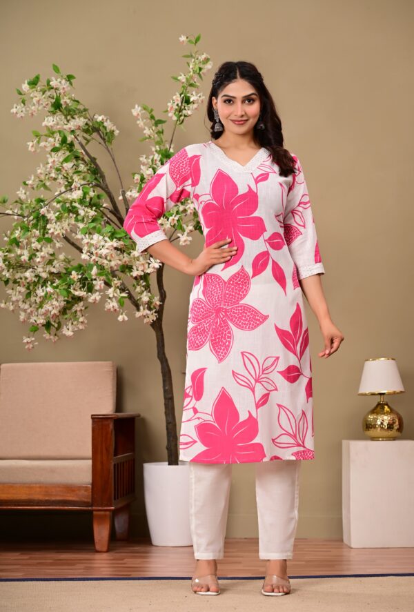 Rani Floral Printed V-Neck Thread Work Pure Cotton Kurta With Trousers