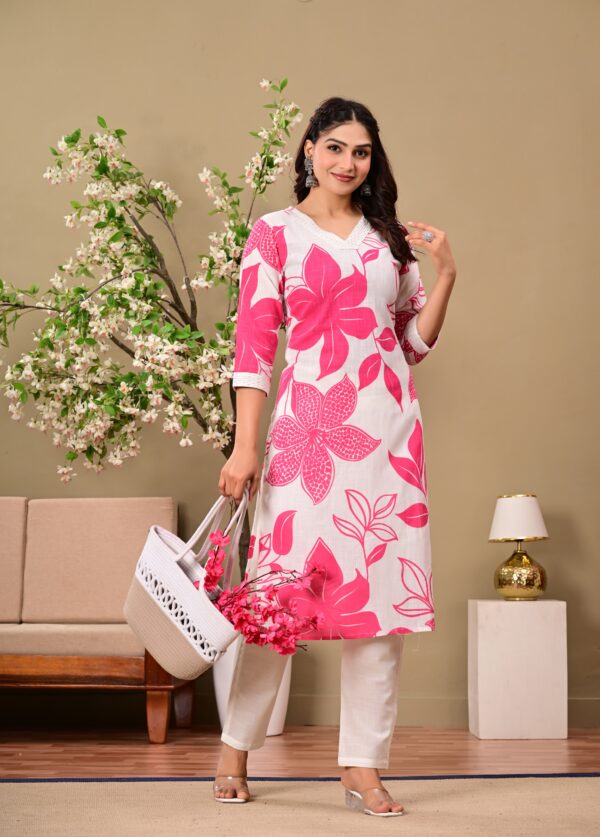 Rani Floral Printed V-Neck Thread Work Pure Cotton Kurta With Trousers - Image 3