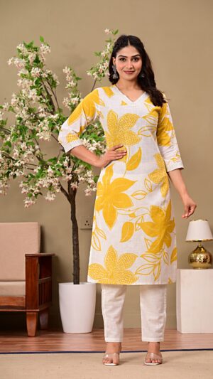 Yellow Floral Printed V-Neck Thread Work Pure Cotton Kurta With Trousers