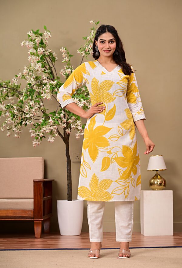 Yellow Floral Printed V-Neck Thread Work Pure Cotton Kurta With Trousers