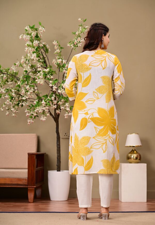 Yellow Floral Printed V-Neck Thread Work Pure Cotton Kurta With Trousers - Image 2