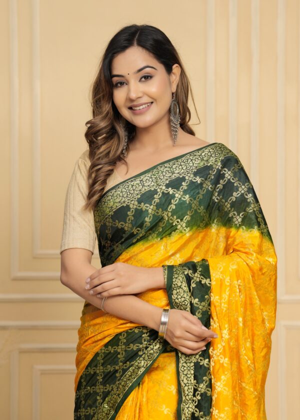 Gharchola Banarasi Silk Saree with Running Blouse Piece – Green & Yellow - Image 6