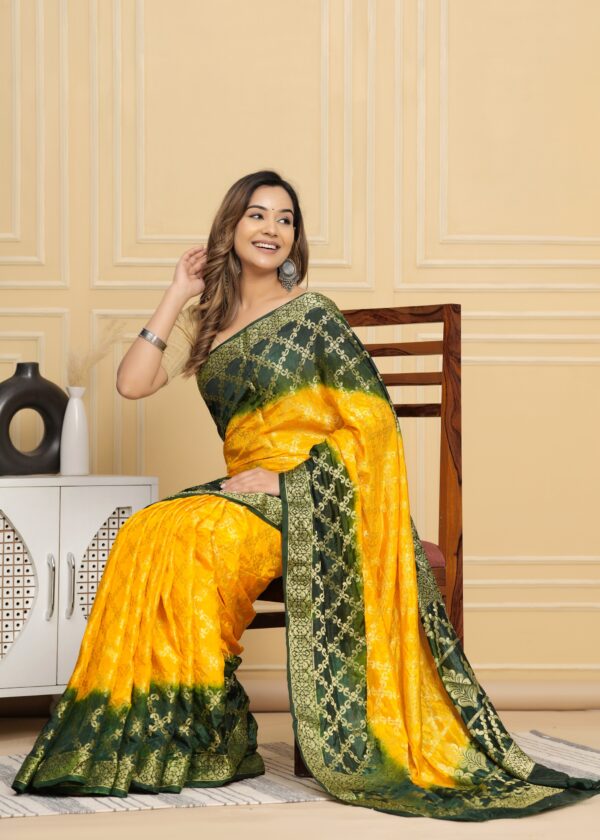 Gharchola Banarasi Silk Saree with Running Blouse Piece – Green & Yellow - Image 4